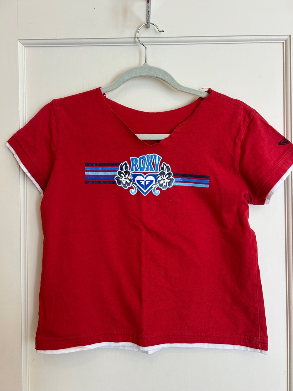 Roxy Girls Red Short-Sleeve Logo Tee with Blue Detail